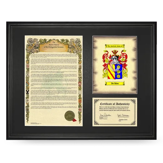 De blou Framed Surname History and Coat of Arms - Black